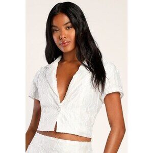Lulus Chic Your Piece White Organza Jacquard Short Sleeve Blazer - Size XS